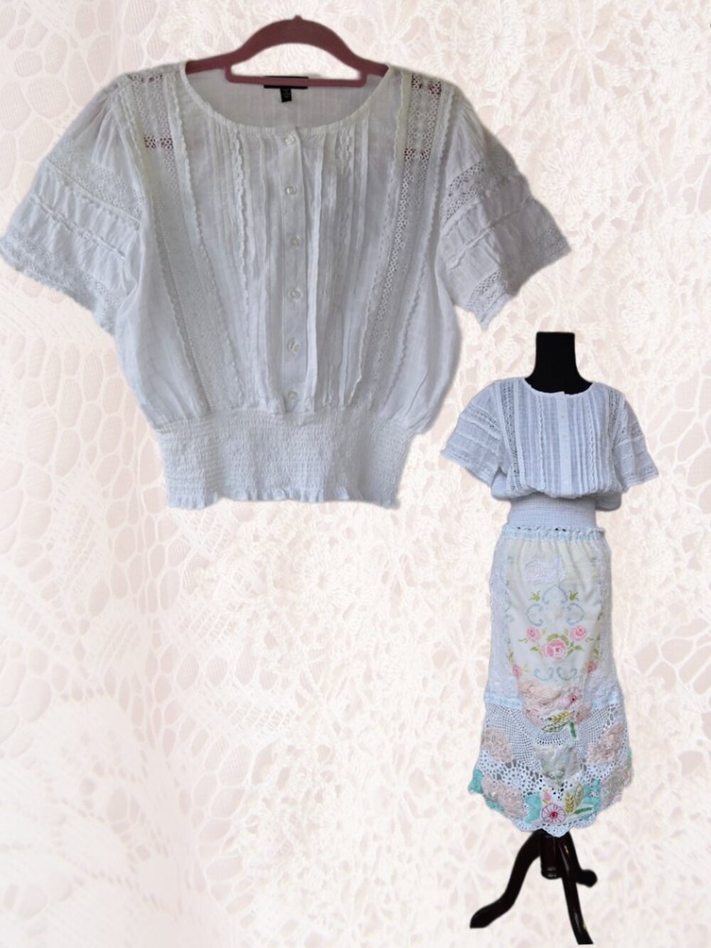 Ever After Romantic White Button Down Shirred Top Victorian-Style Boho Ethereal